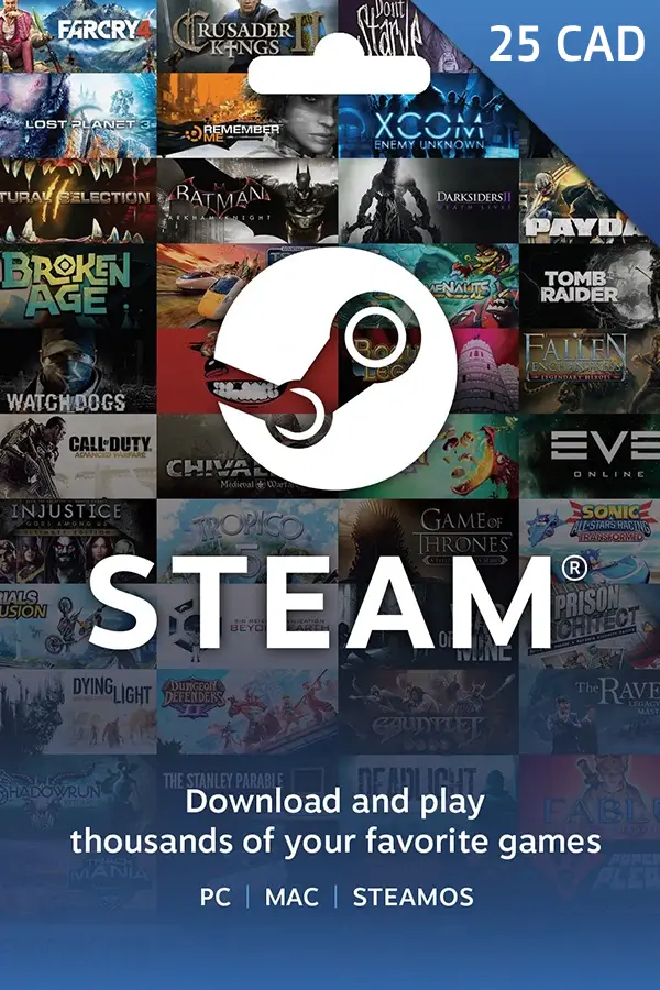 ▶️ Steam Wallet Gift Card <br>🎯 Location: Canada <br>💵 Value: 25 CAD <br><br>───── ⋆⋅☆⋅⋆ ─────<br><br>💲 Price: 17 CAD